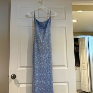 Blue patterened long backless dress S